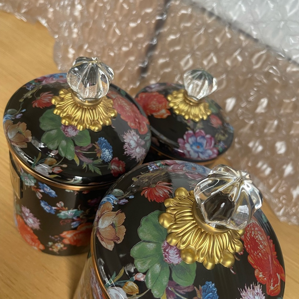 RETIRED & low stock MacKenzie-Childs Black Floral Canister set of 3 in a box - Picture 8 of 11